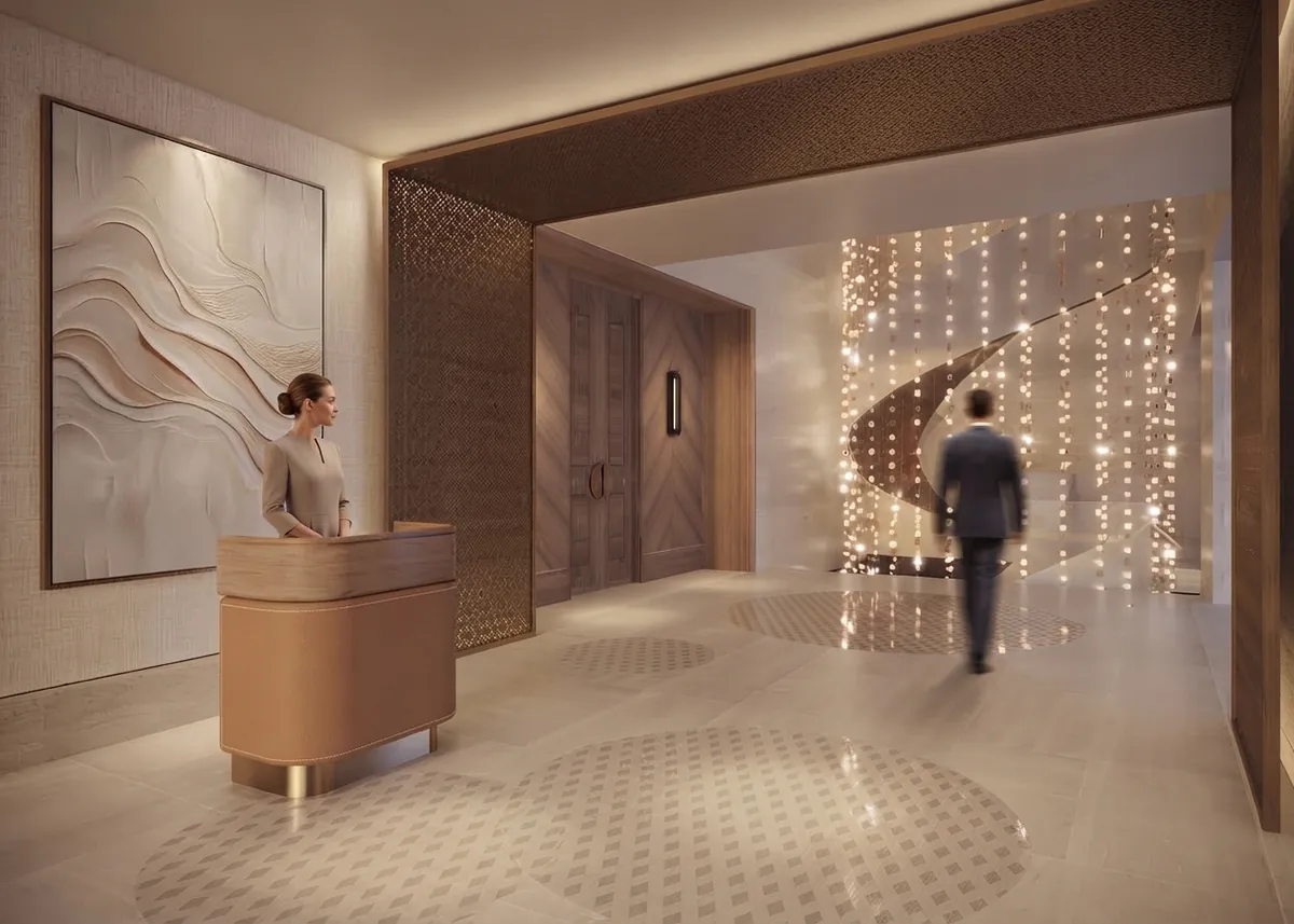 Reception with a lit spiral stair