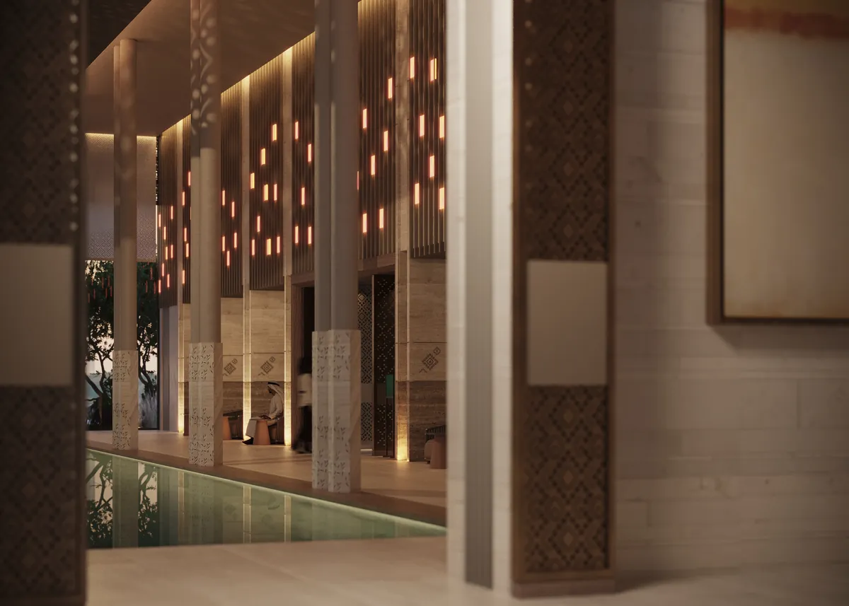 Pool hall with carved screens and lanterns