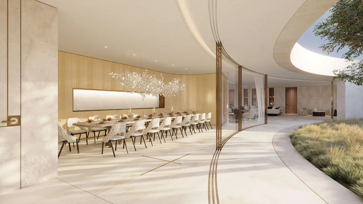 Dining room behind a curved glass wall onto the garden, Jumeirah Private Villa, Dubai